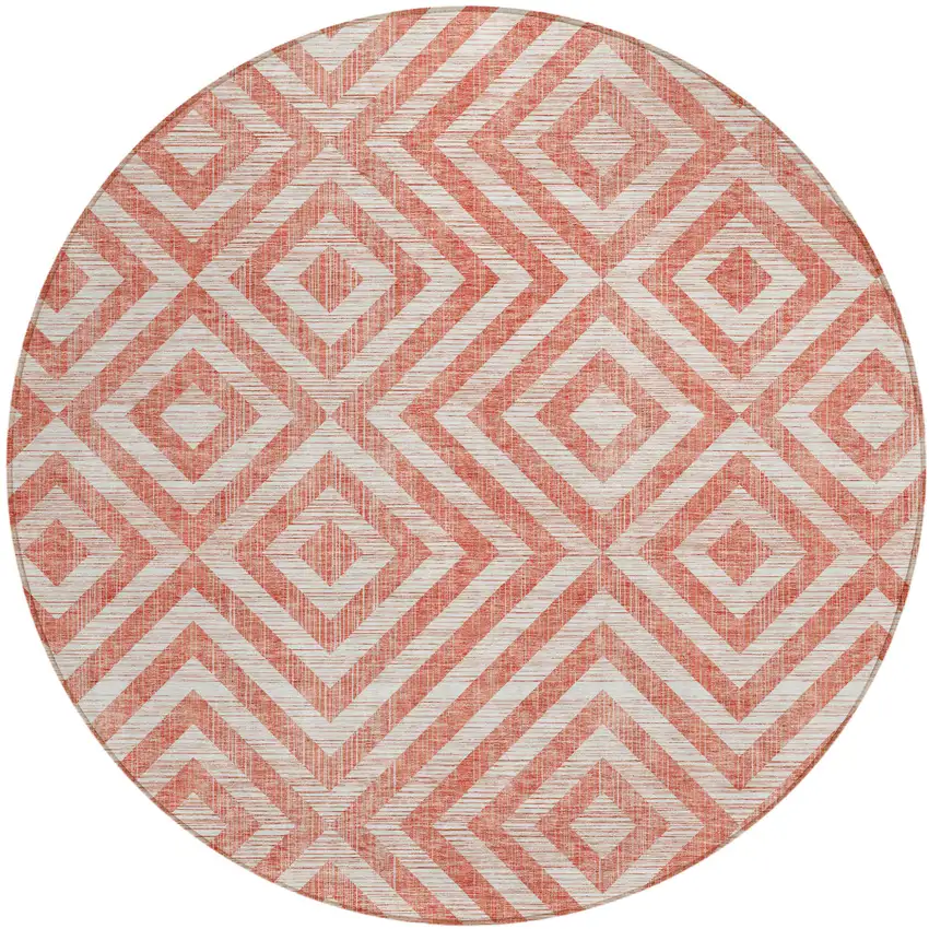 8' Salmon And Ivory Round Geometric Washable Indoor Outdoor Area Rug Photo 1
