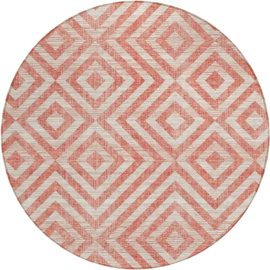 8' Salmon And Ivory Round Geometric Washable Indoor Outdoor Area Rug Photo 1