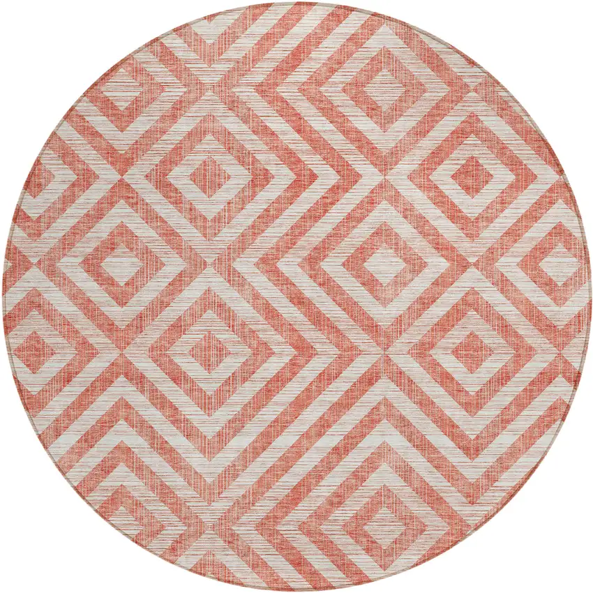 8' Salmon And Ivory Round Geometric Washable Indoor Outdoor Area Rug Photo 1