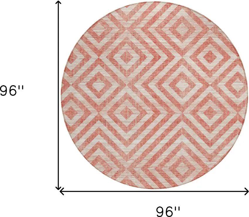 8' Salmon And Ivory Round Geometric Washable Indoor Outdoor Area Rug Photo 9