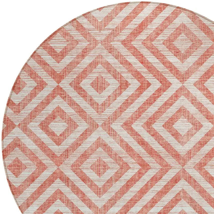 8' Salmon And Ivory Round Geometric Washable Indoor Outdoor Area Rug Photo 5