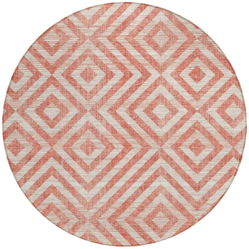 8' Salmon And Ivory Round Geometric Washable Indoor Outdoor Area Rug Photo 6