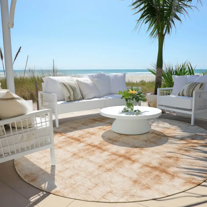 8' Salmon And Ivory Round Geometric Washable Indoor Outdoor Area Rug Photo 6