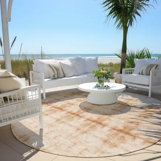 8' Salmon And Ivory Round Geometric Washable Indoor Outdoor Area Rug Photo 6