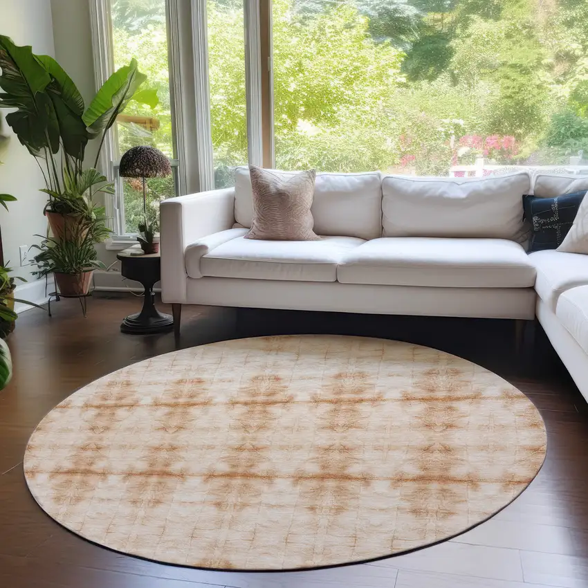 8' Salmon And Ivory Round Geometric Washable Indoor Outdoor Area Rug Photo 7