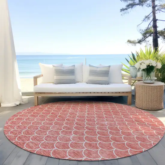 8' Salmon And Ivory Round Geometric Washable Indoor Outdoor Area Rug Photo 7