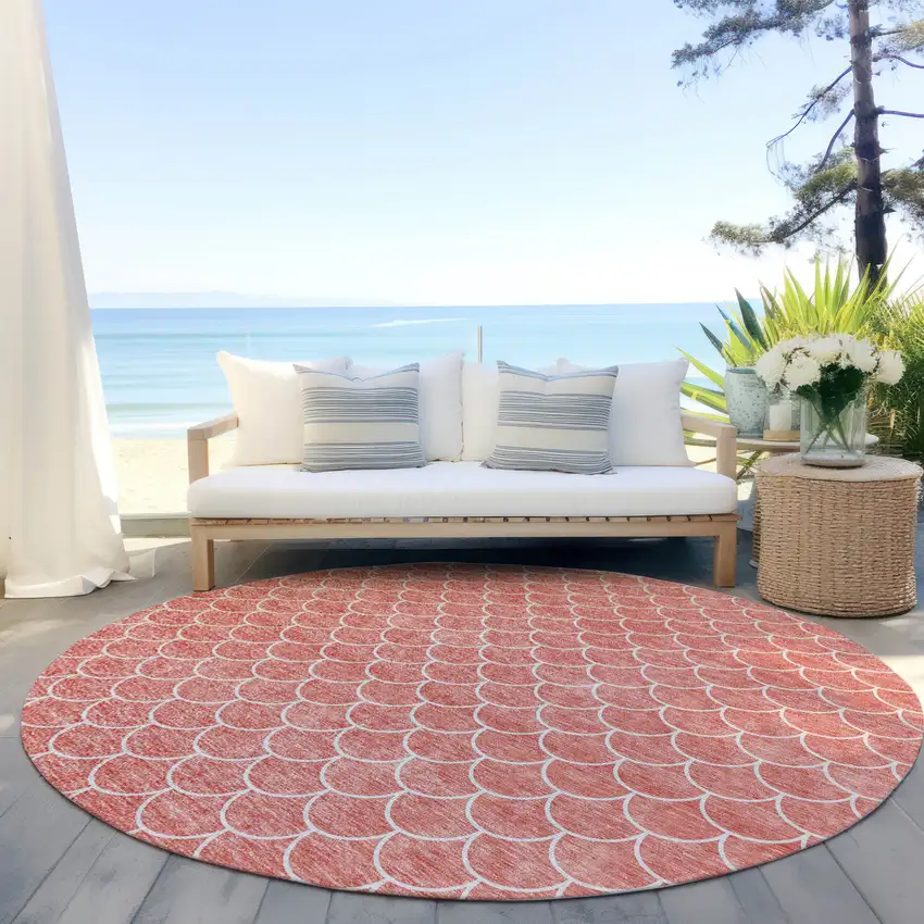 8' Salmon And Ivory Round Geometric Washable Indoor Outdoor Area Rug Photo 7