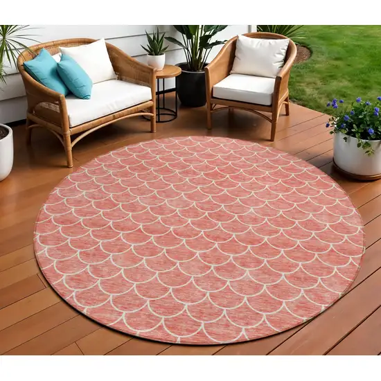 8' Salmon And Ivory Round Geometric Washable Indoor Outdoor Area Rug Photo 1