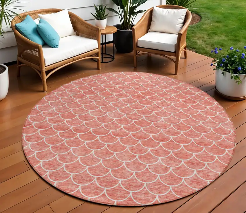 8' Salmon And Ivory Round Geometric Washable Indoor Outdoor Area Rug Photo 1