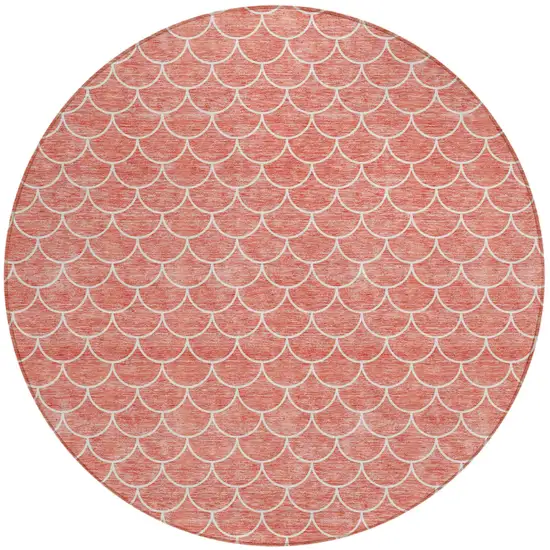 8' Salmon And Ivory Round Geometric Washable Indoor Outdoor Area Rug Photo 2