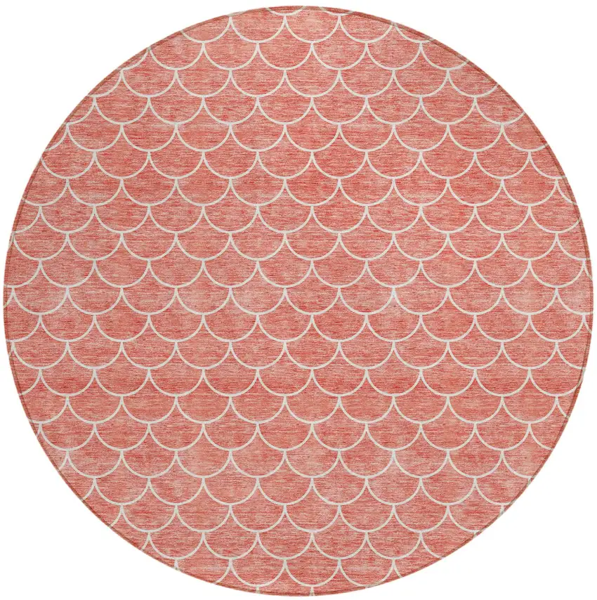 8' Salmon And Ivory Round Geometric Washable Indoor Outdoor Area Rug Photo 2