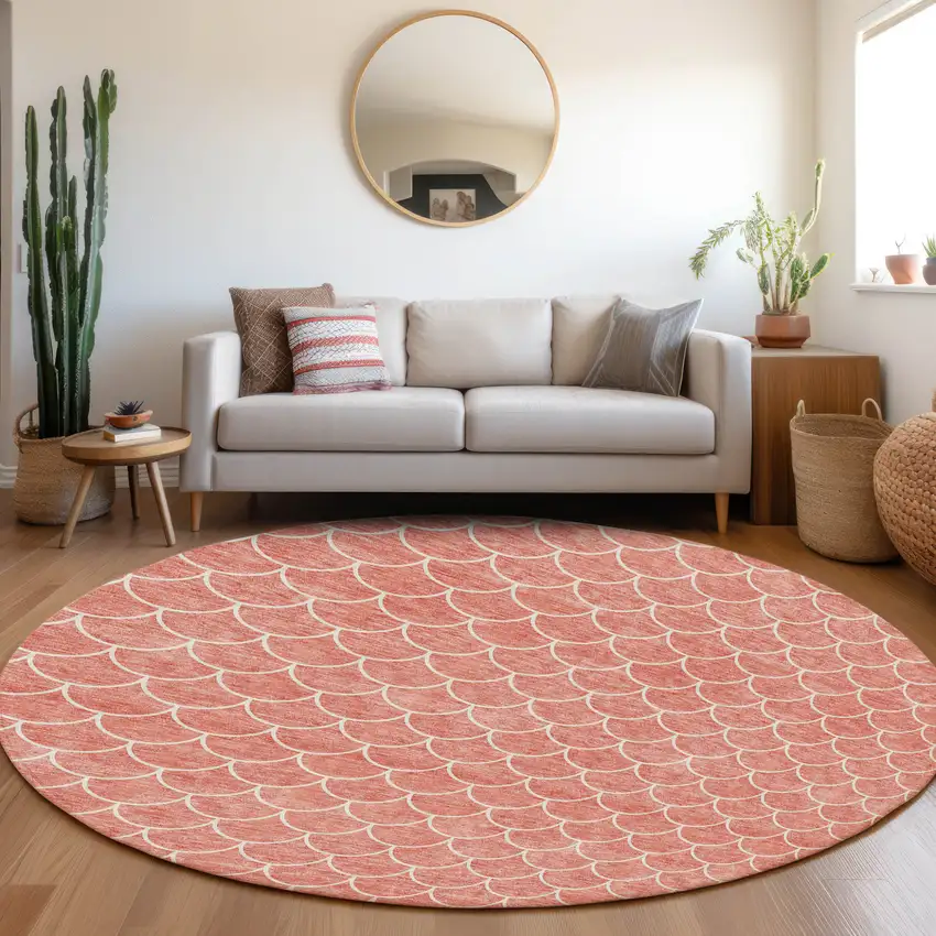 8' Salmon And Ivory Round Geometric Washable Indoor Outdoor Area Rug Photo 8