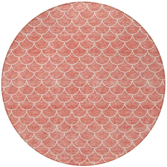 8' Salmon And Ivory Round Geometric Washable Indoor Outdoor Area Rug Photo 5