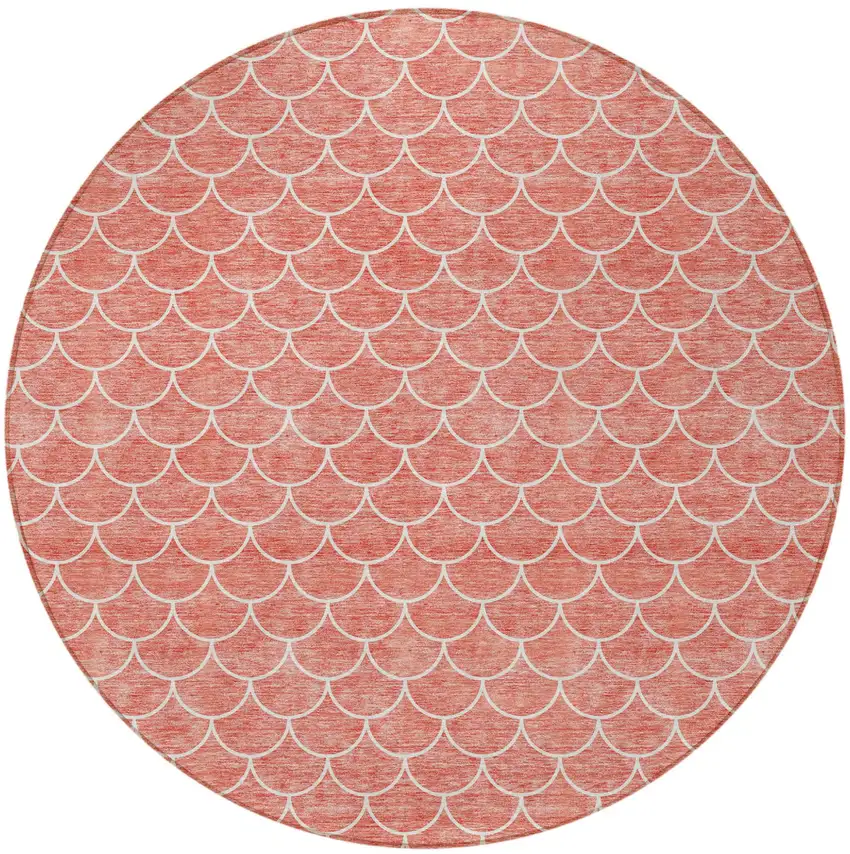 8' Salmon And Ivory Round Geometric Washable Indoor Outdoor Area Rug Photo 5