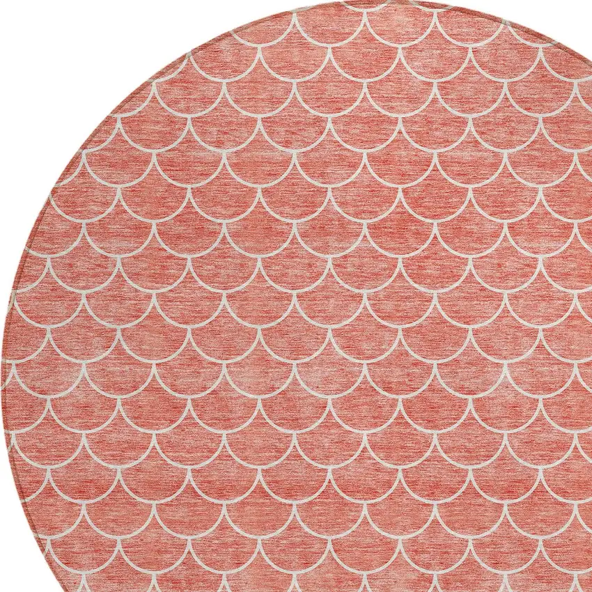 8' Salmon And Ivory Round Geometric Washable Indoor Outdoor Area Rug Photo 4