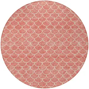Photo of 8' Salmon And Ivory Round Geometric Washable Indoor Outdoor Area Rug