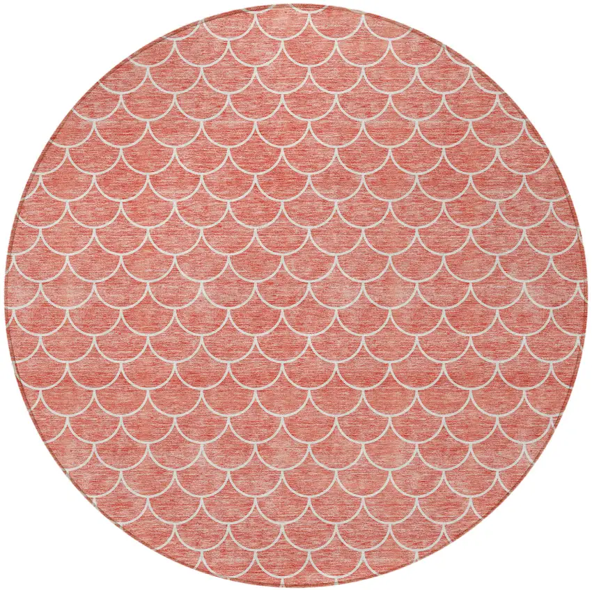 8' Salmon And Ivory Round Geometric Washable Indoor Outdoor Area Rug Photo 6