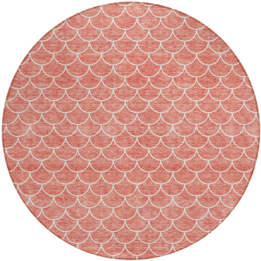 8' Salmon And Ivory Round Geometric Washable Indoor Outdoor Area Rug Photo 2