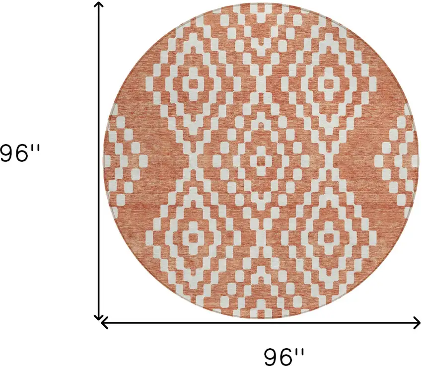 8' Salmon And Ivory Round Geometric Washable Indoor Outdoor Area Rug Photo 3