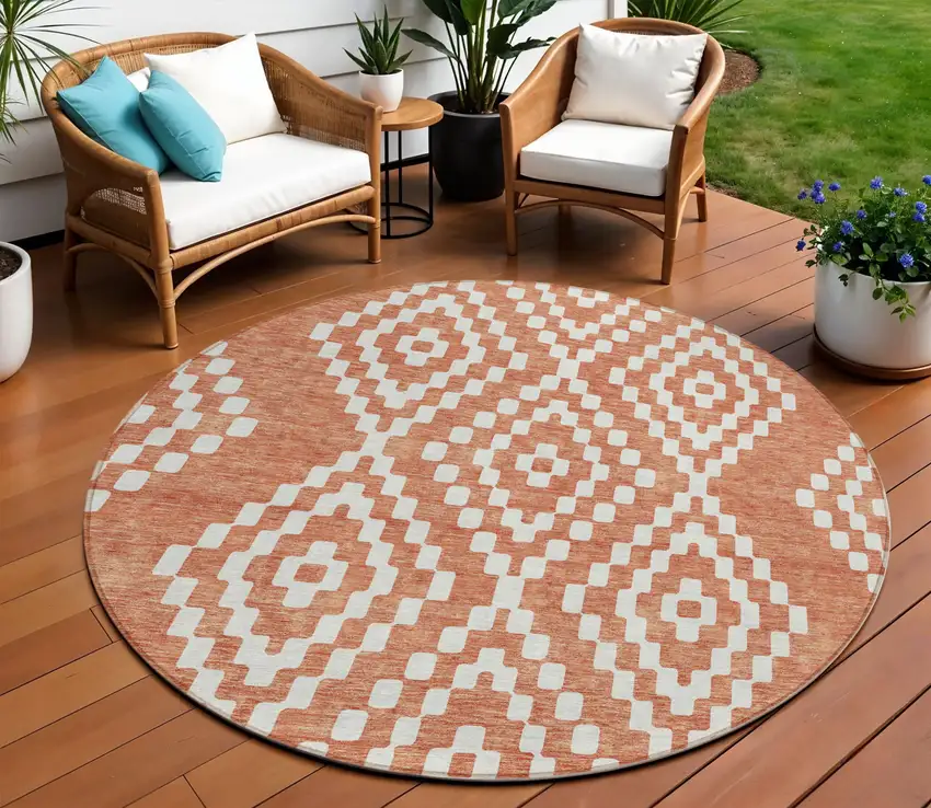 8' Salmon And Ivory Round Geometric Washable Indoor Outdoor Area Rug Photo 1