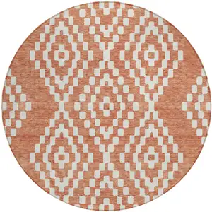 Photo of 8' Salmon And Ivory Round Geometric Washable Indoor Outdoor Area Rug