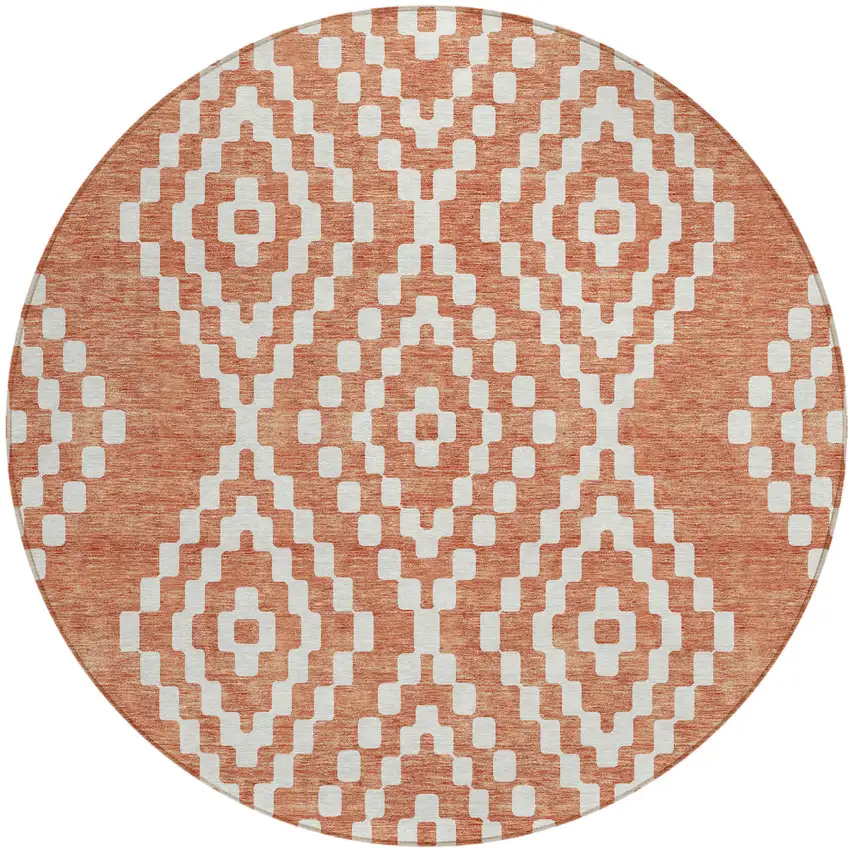 8' Salmon And Ivory Round Geometric Washable Indoor Outdoor Area Rug Photo 2