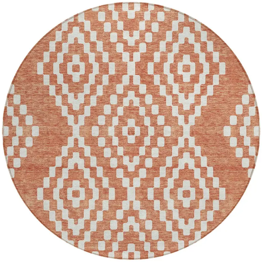 8' Salmon And Ivory Round Geometric Washable Indoor Outdoor Area Rug Photo 6
