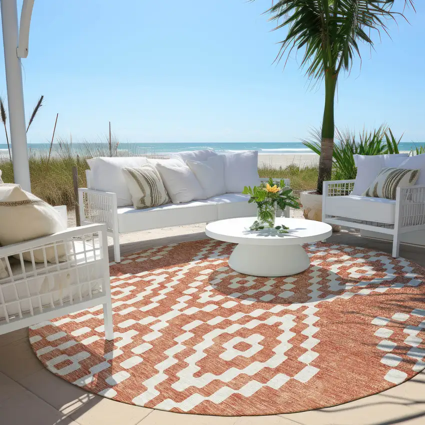 8' Salmon And Ivory Round Geometric Washable Indoor Outdoor Area Rug Photo 7
