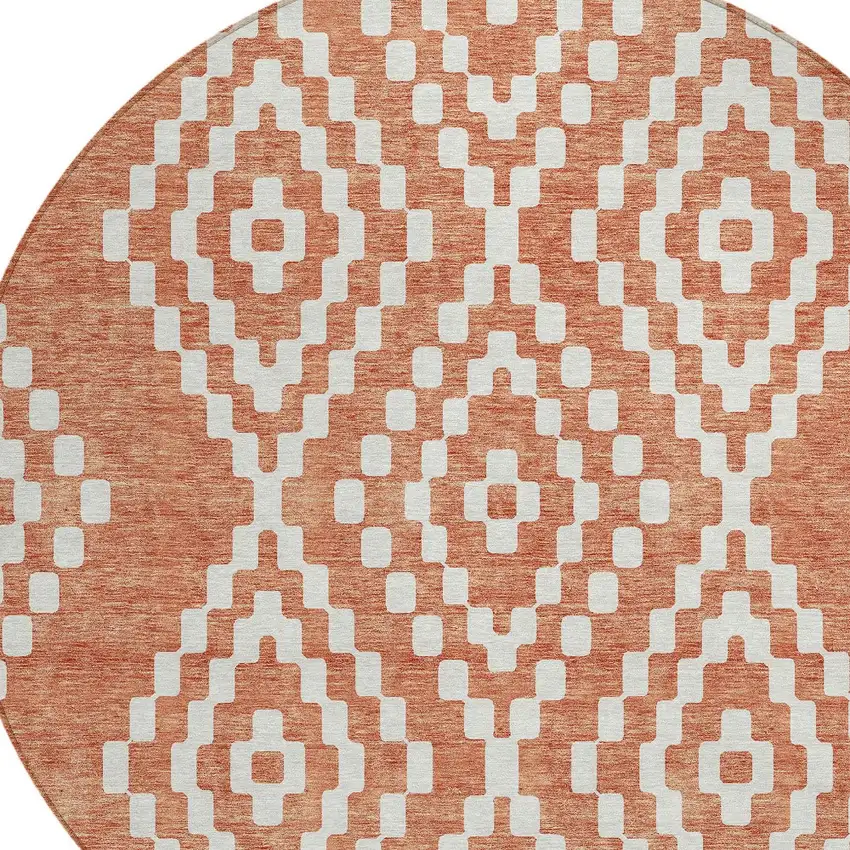 8' Salmon And Ivory Round Geometric Washable Indoor Outdoor Area Rug Photo 5