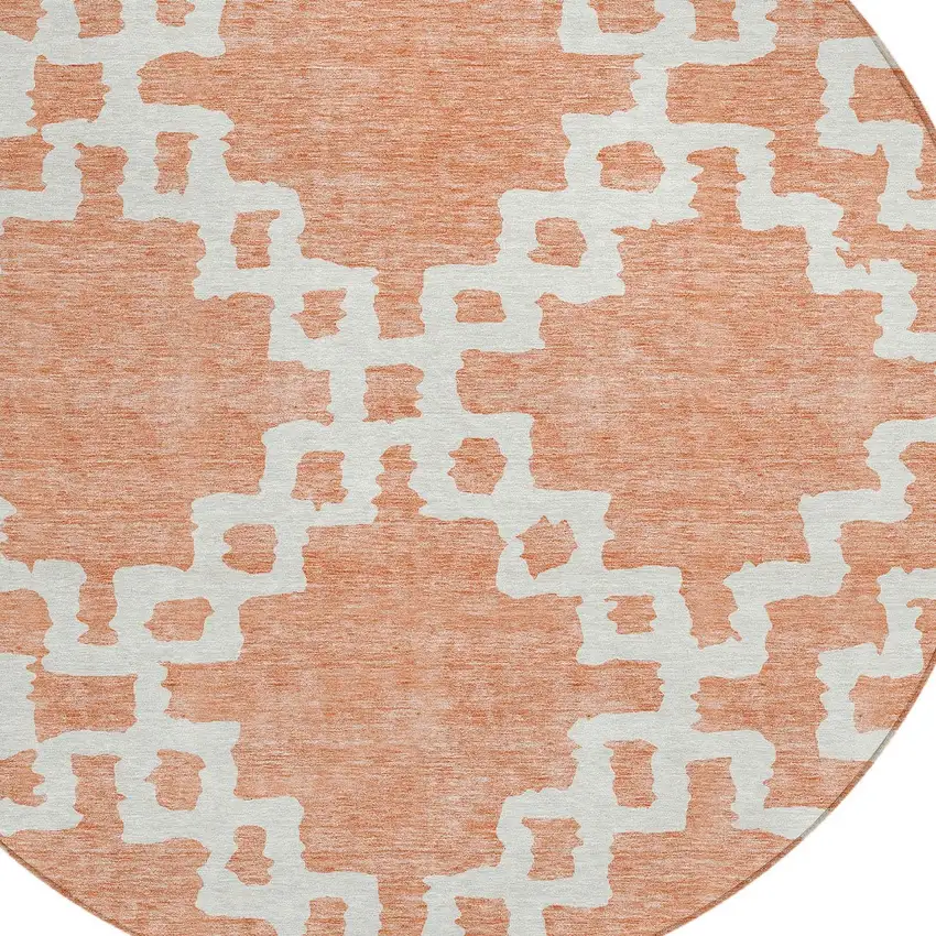 8' Salmon And Ivory Round Geometric Washable Indoor Outdoor Area Rug Photo 4