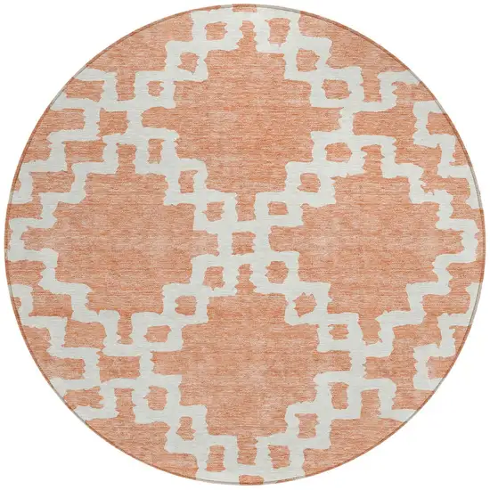 8' Salmon And Ivory Round Geometric Washable Indoor Outdoor Area Rug Photo 5