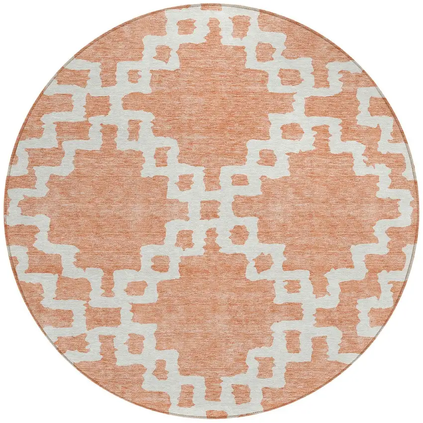 8' Salmon And Ivory Round Geometric Washable Indoor Outdoor Area Rug Photo 5