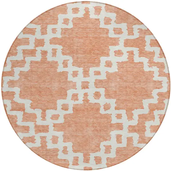 8' Salmon And Ivory Round Geometric Washable Indoor Outdoor Area Rug Photo 2