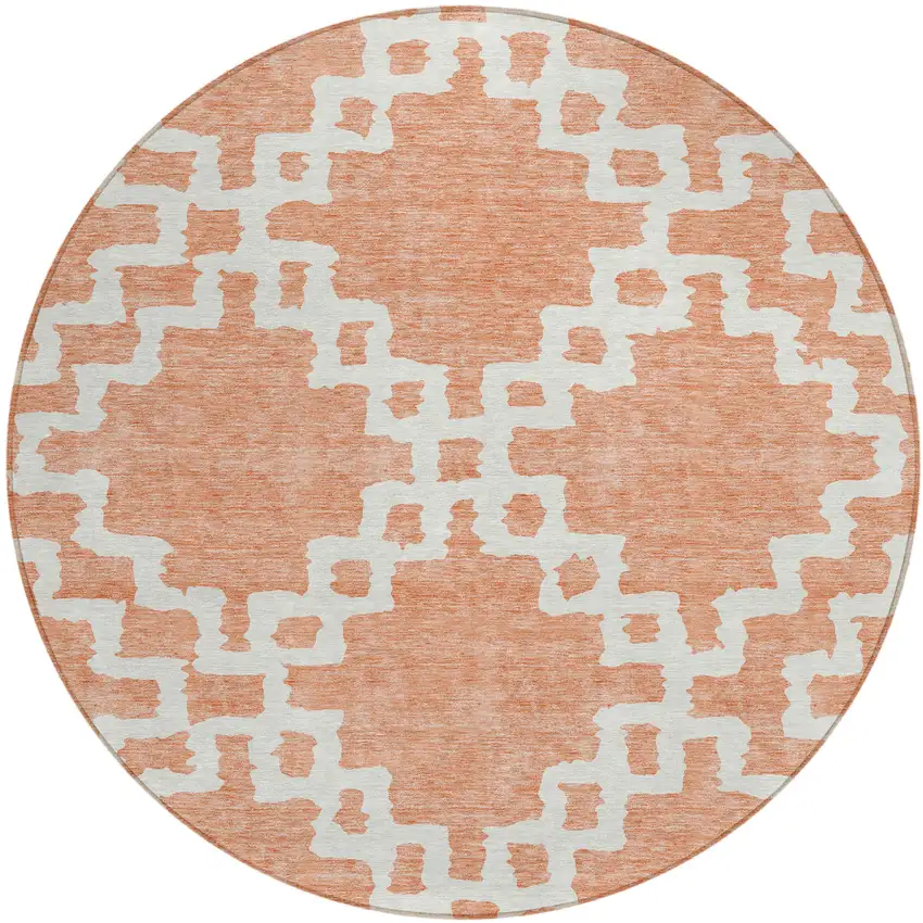 8' Salmon And Ivory Round Geometric Washable Indoor Outdoor Area Rug Photo 2