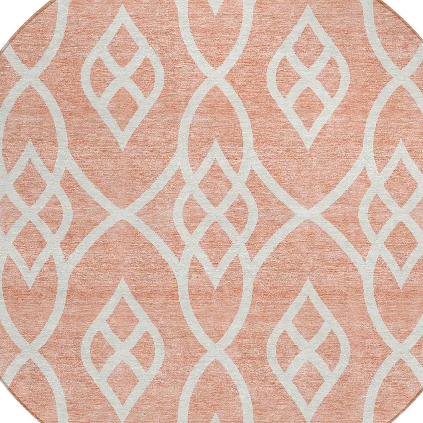 8' Salmon And Ivory Round Trellis Washable Indoor Outdoor Area Rug Photo 3