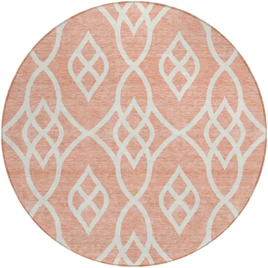 8' Salmon And Ivory Round Trellis Washable Indoor Outdoor Area Rug Photo 2