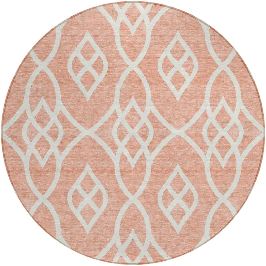 8' Salmon And Ivory Round Trellis Washable Indoor Outdoor Area Rug Photo 2