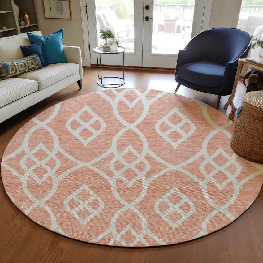 8' Salmon And Ivory Round Trellis Washable Indoor Outdoor Area Rug Photo 7