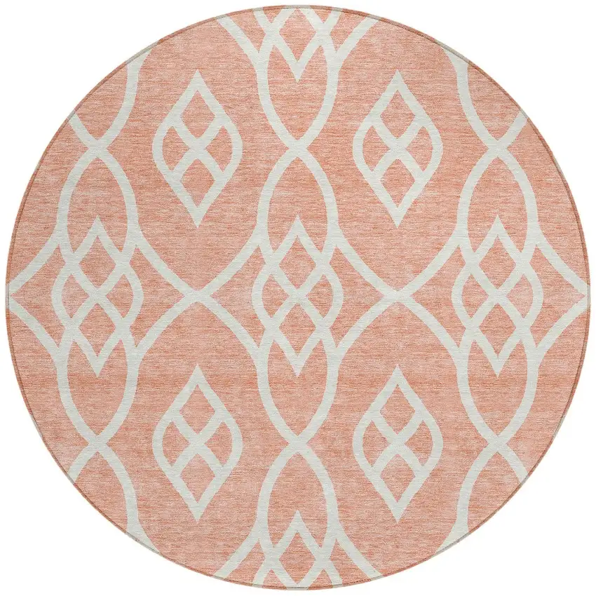 8' Salmon And Ivory Round Trellis Washable Indoor Outdoor Area Rug Photo 4