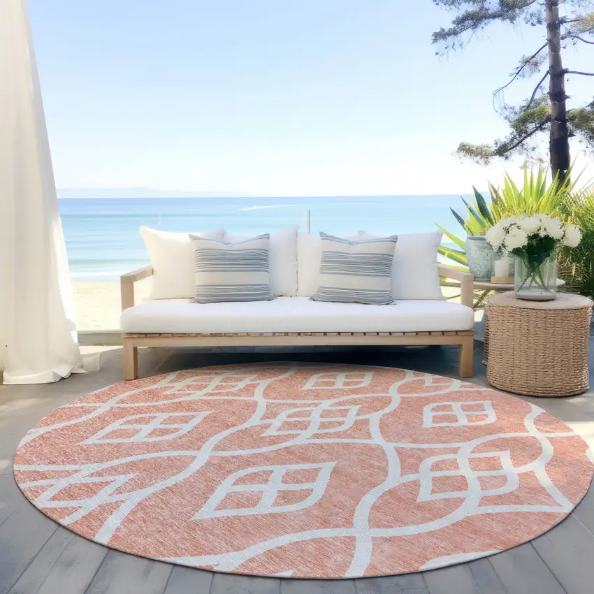 8' Salmon And Ivory Round Trellis Washable Indoor Outdoor Area Rug Photo 6