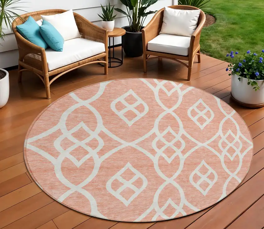 8' Salmon And Ivory Round Trellis Washable Indoor Outdoor Area Rug Photo 1