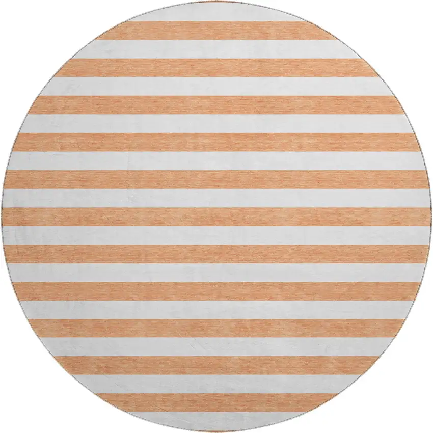 8' Salmon And Ivory Striped Washable Round Rug With UV Protection Photo 1