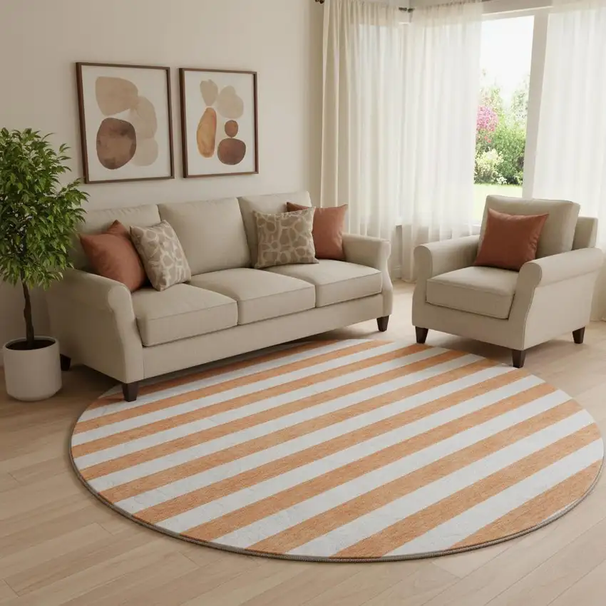 8' Salmon And Ivory Striped Washable Round Rug With UV Protection Photo 1