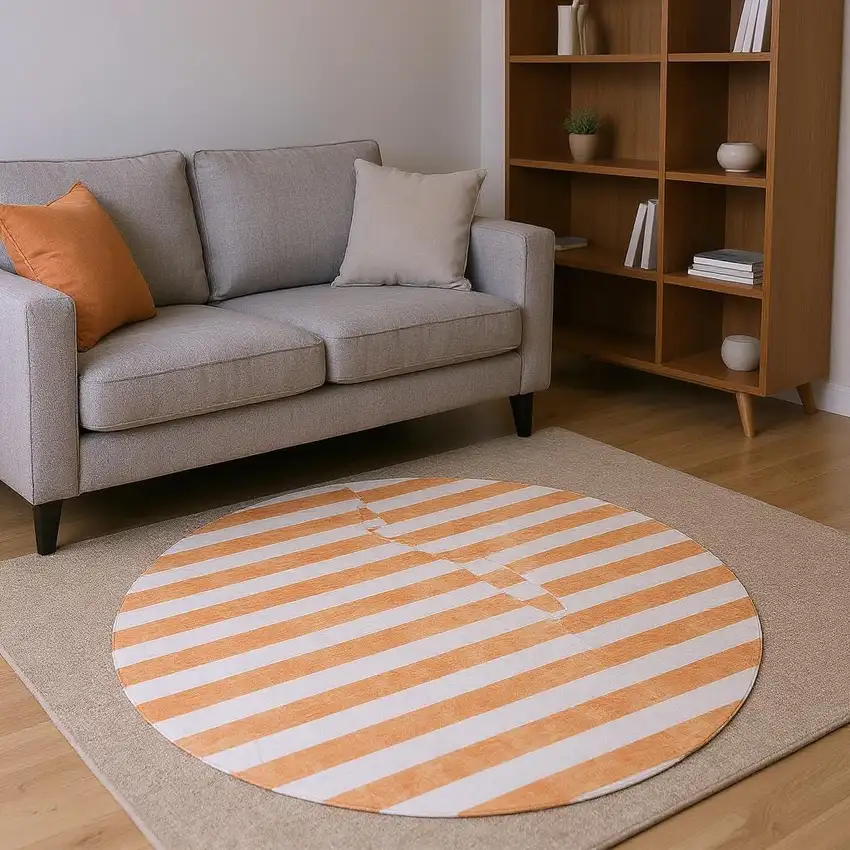 8' Salmon And Ivory Striped Washable Round Rug With UV Protection Photo 2