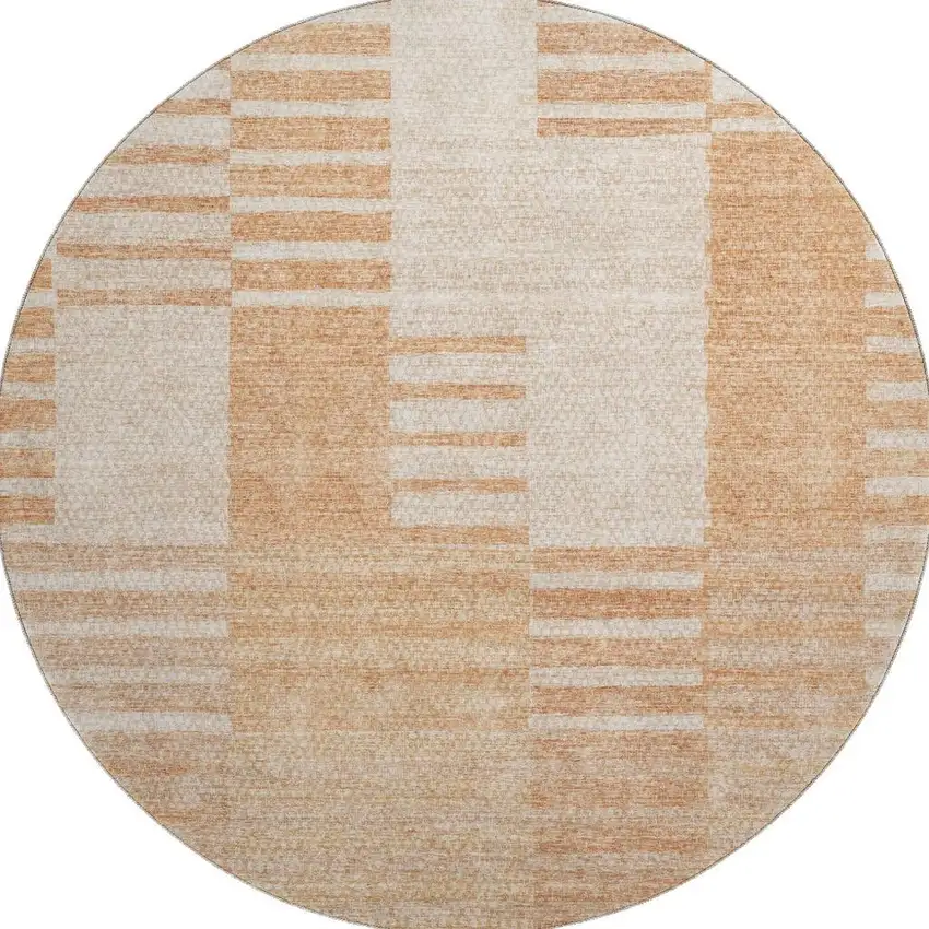 8' Salmon And Ivory Striped Washable Round Rug With UV Protection Photo 4