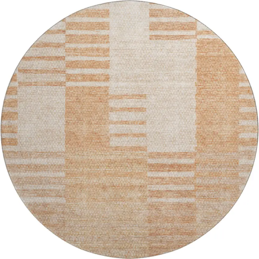 8' Salmon And Ivory Striped Washable Round Rug With UV Protection Photo 1