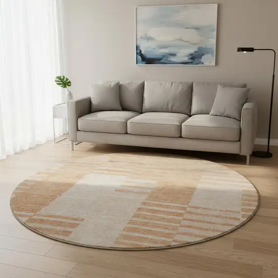 8' Salmon And Ivory Striped Washable Round Rug With UV Protection Photo 2