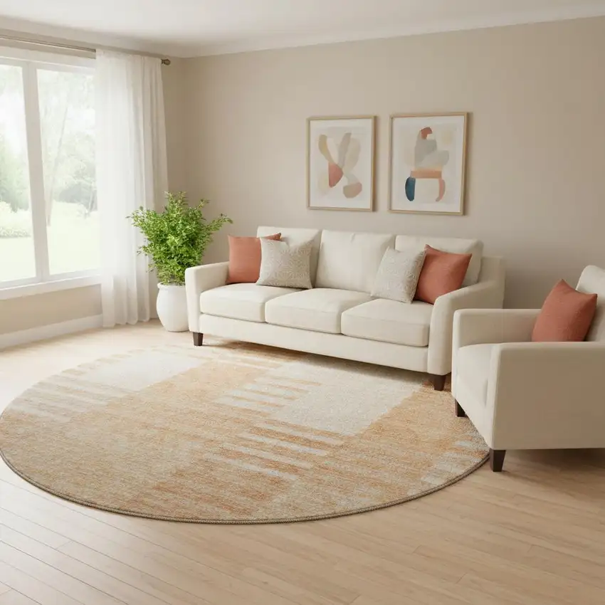 8' Salmon And Ivory Striped Washable Round Rug With UV Protection Photo 1