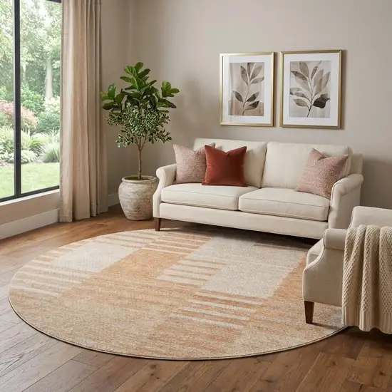 8' Salmon And Ivory Striped Washable Round Rug With UV Protection Photo 1