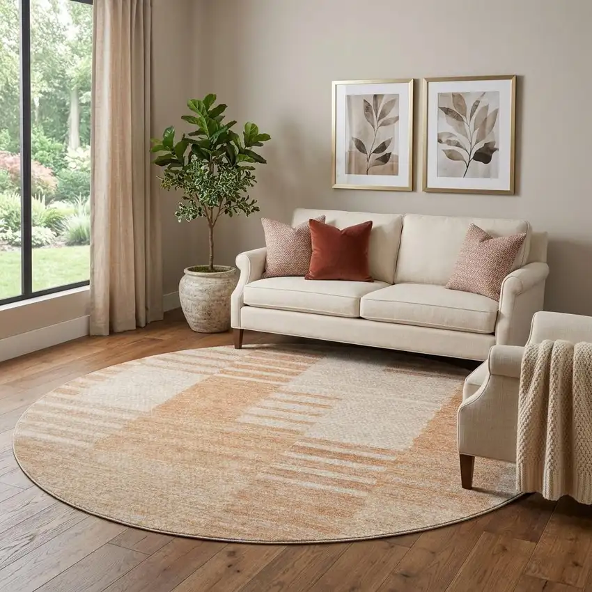 8' Salmon And Ivory Striped Washable Round Rug With UV Protection Photo 1